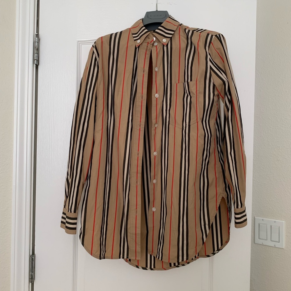 Burberry Tan Striped Button-Up Blouse with Black and Red Accents